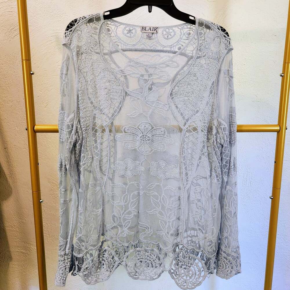 Blair Women's Blue Sheer Floral Lace Embroidered Long Sleeve Top Size L